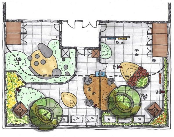 Hand-drawn landscape design plan with trees, shrubs, walkways, and seating areas.e of 