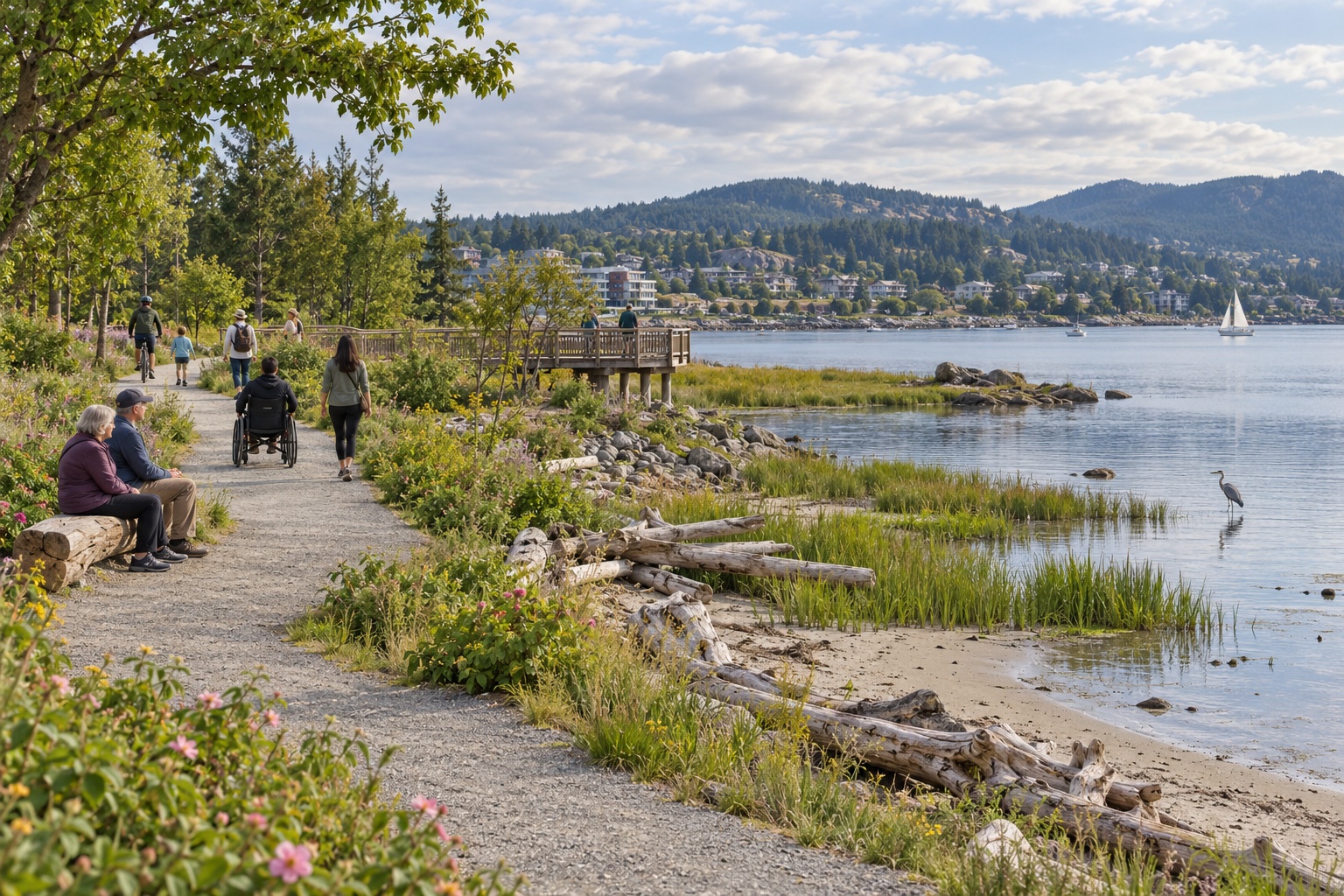 People relax on a tree-lined lakeside path with reeds and hills beyond.
