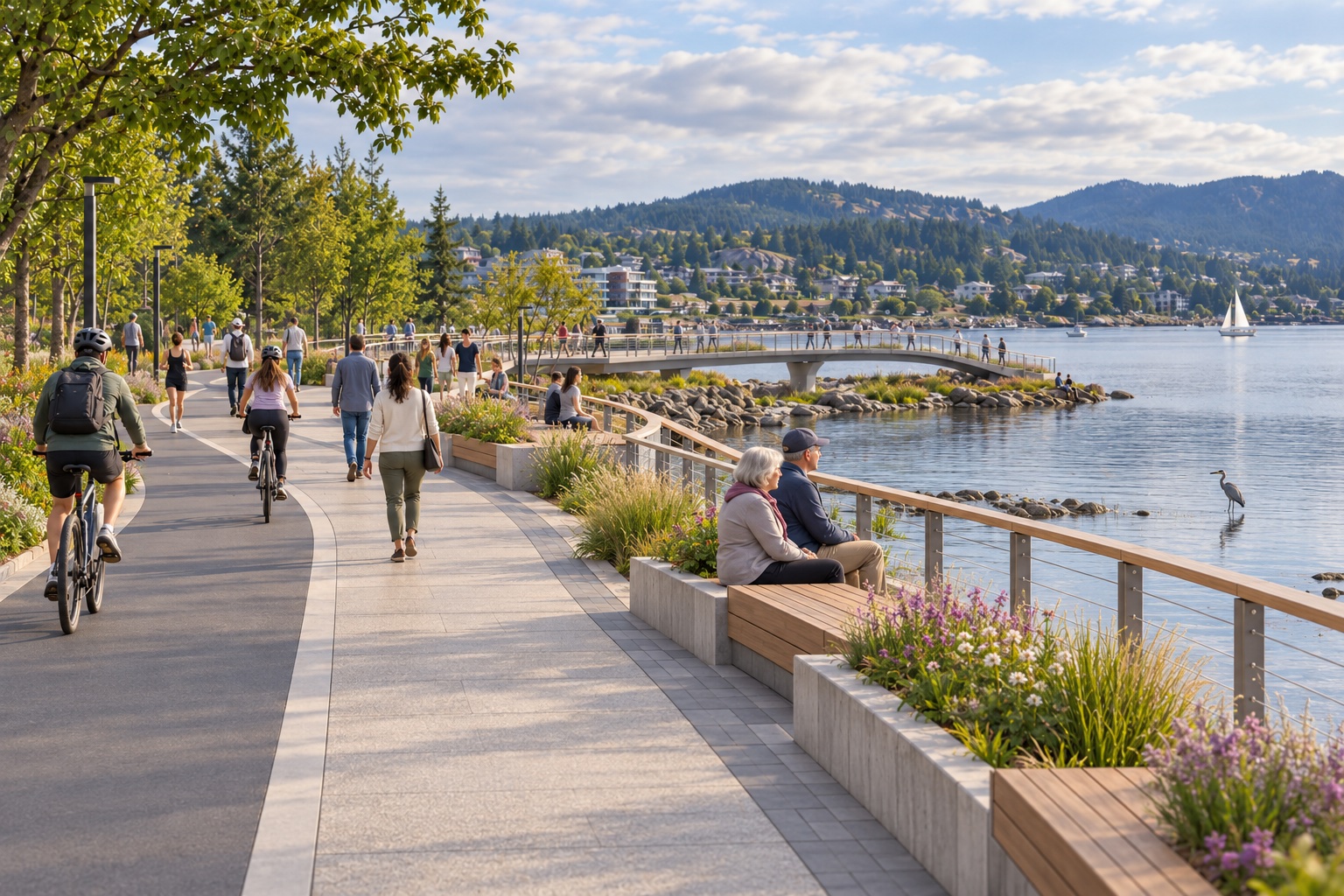 People walking and cycling along a sunny waterfront promenade.