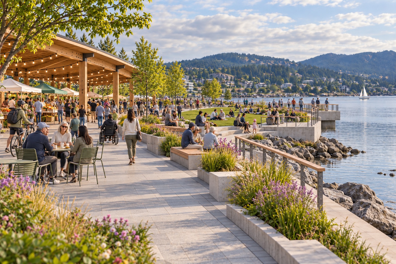 People dining along a lakeside promenade with flowers and mountains.