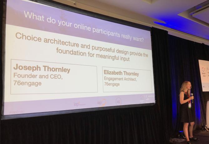 Elizabeth Thornley speaking at the 2022 IAP2 North American Conference in Banff